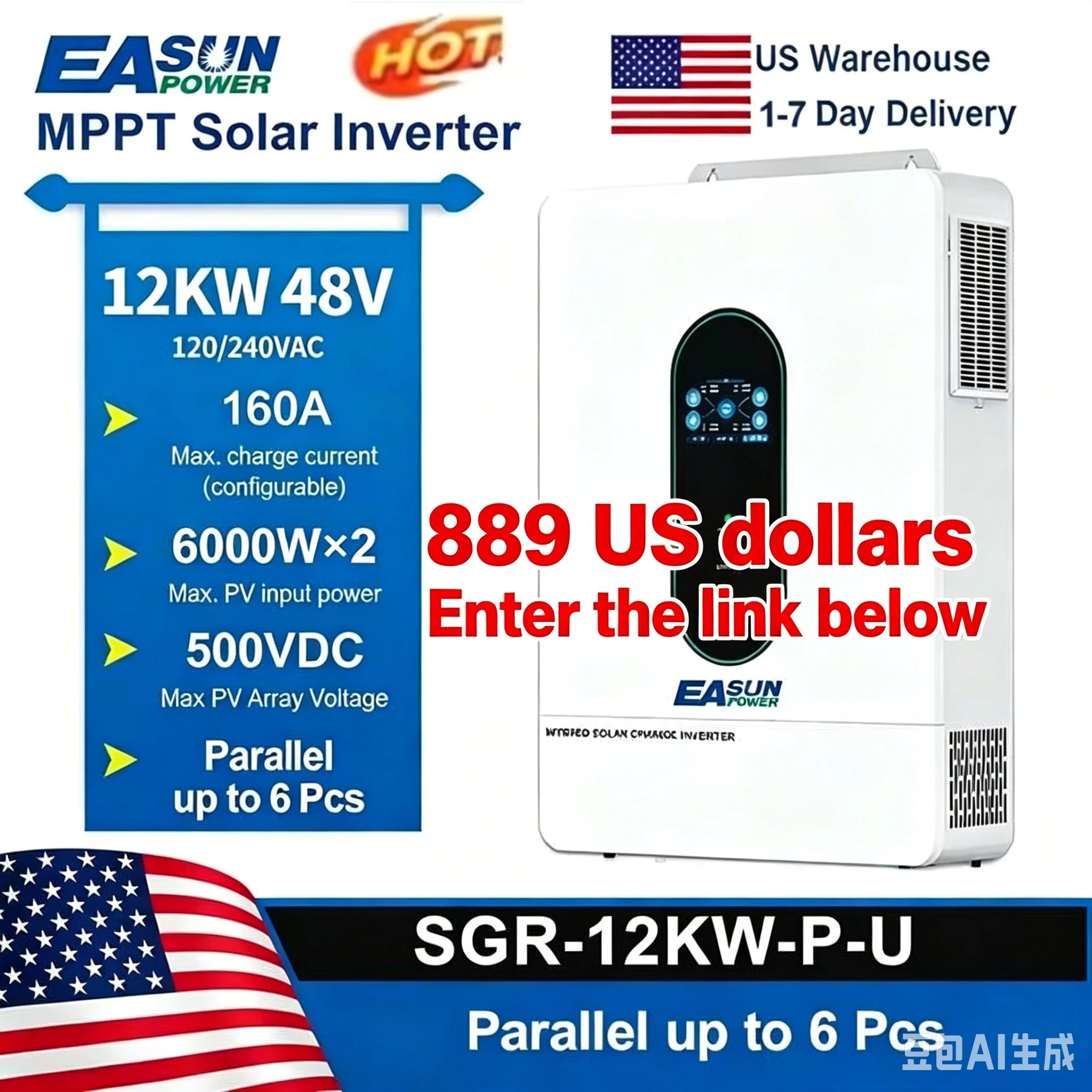 EASUN POWER 120V/220V 12KW hybrid solar inverter 48V photovoltaic split inverter with built-in 200A parallel solar charging con