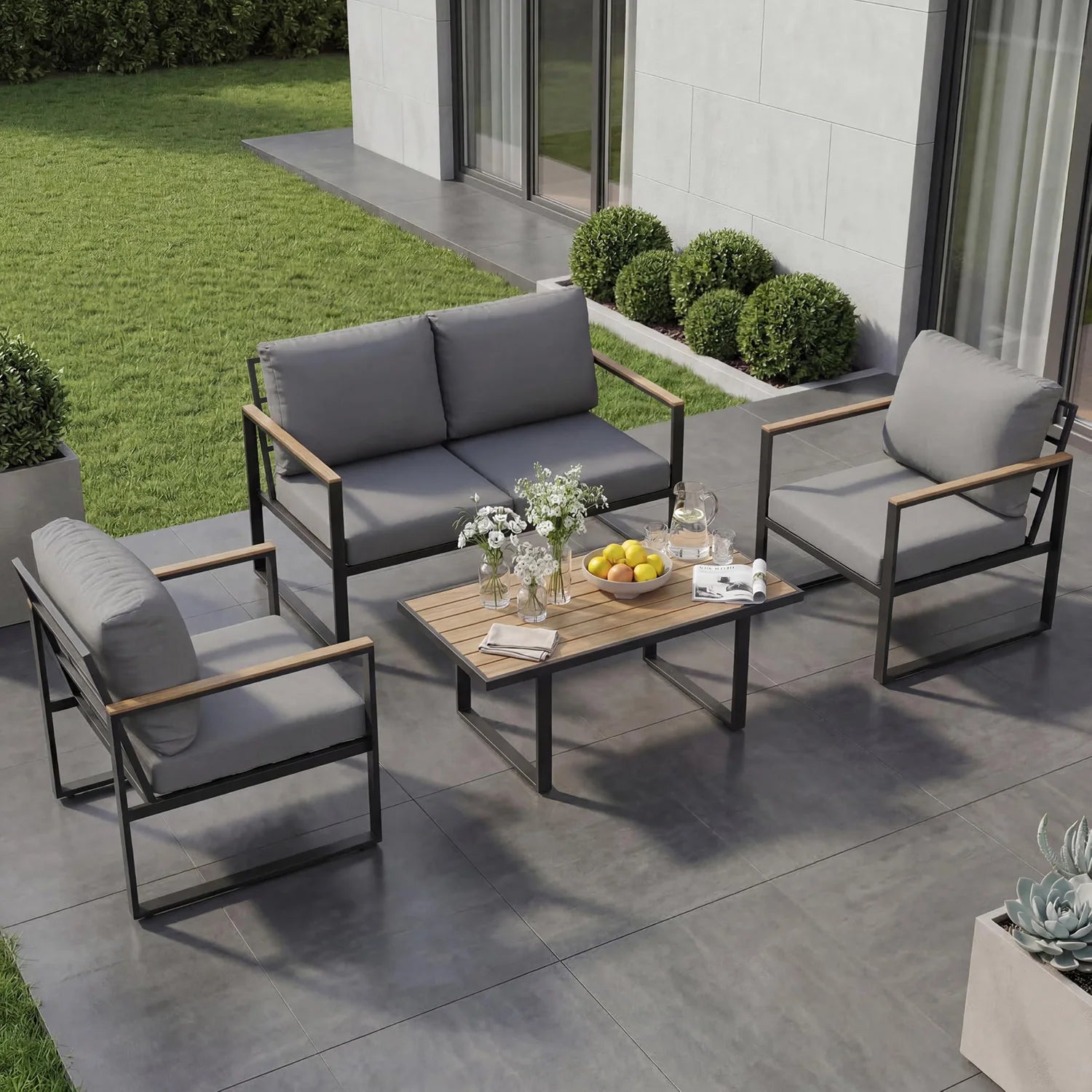 4-Piece Outdoor Patio Sofa Set — Modern Sectional with Coffee Table & Washable Cushions