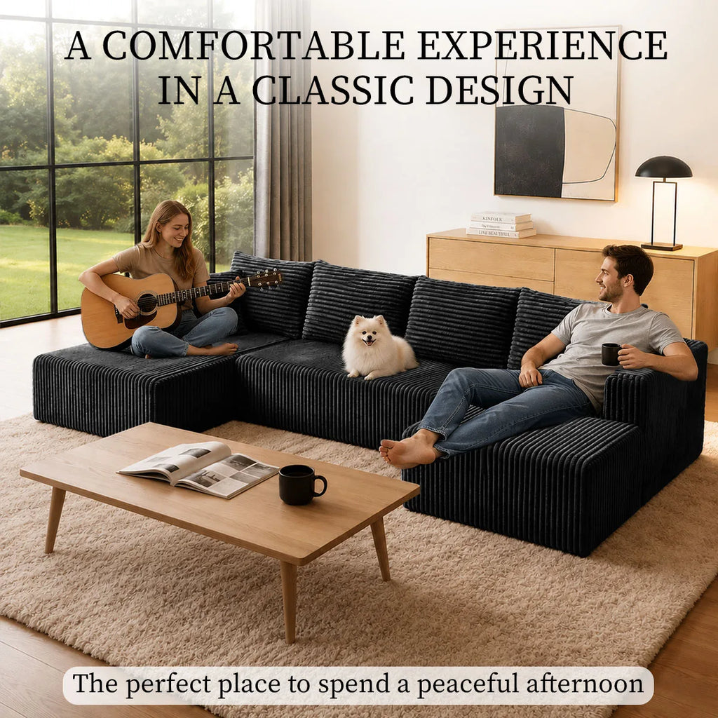 132" U-Shaped Sectional Sofa — 8-Piece Corduroy Cloud Couch with Double Chaise, Seats 6, Sofa Bed