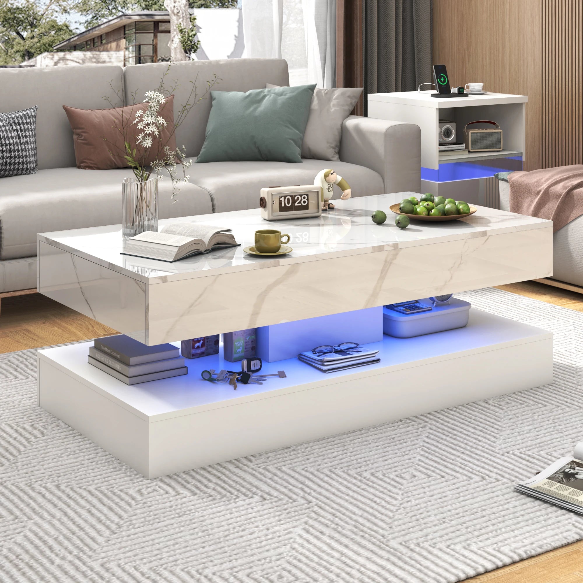 LED Coffee Table with 2 Storage Drawers — 20-Color RGB, Double-Layer, High Gloss Black