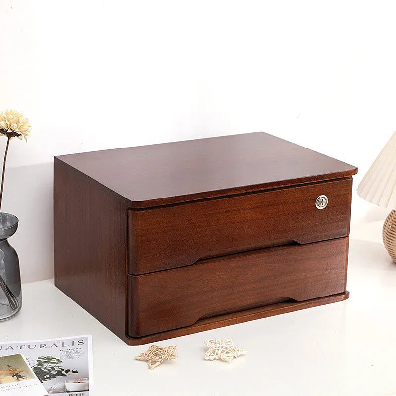 1/2/3 Tier Desktop Storage Box, Wooden Drawer Organizer with Lockable Drawers, No Assembly Required