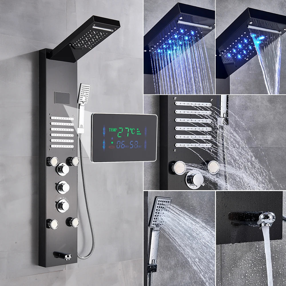 Luxury Black/Brushed Bathroom Shower Faucet LED Shower Panel Column Bathtub Mixer Tap With Hand Shower Temperature Screen