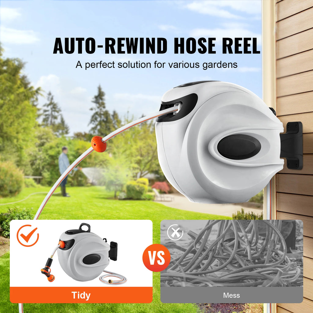 SucceBuy Retractable Garden Hose Reel – 65ft, Wall-Mounted, 180° Swivel, Auto Rewind & 9-Pattern Nozzle