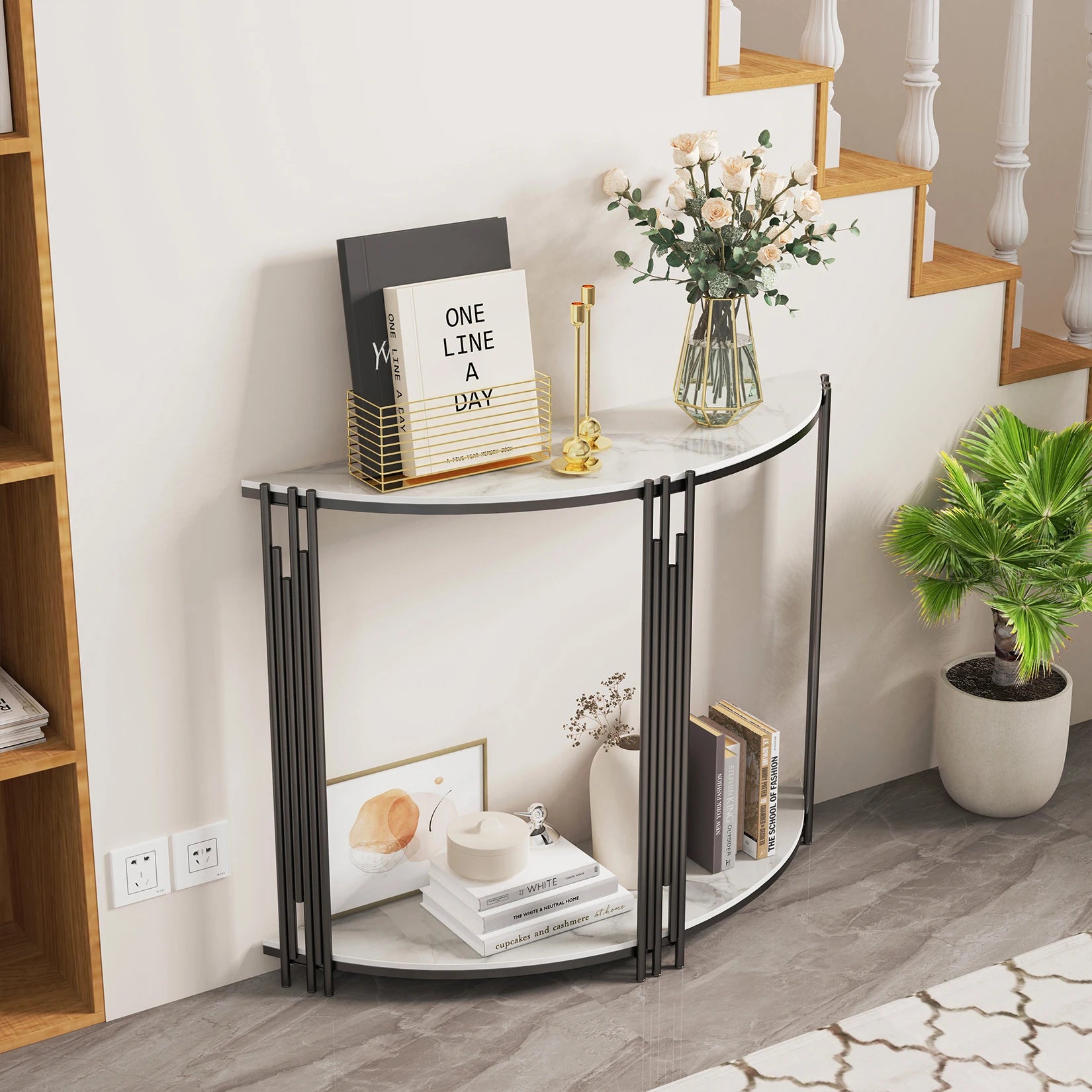 Half-Moon Console Table — 2-Tier Sintered Stone Top, Black Iron Base, Entryway & Hallway
