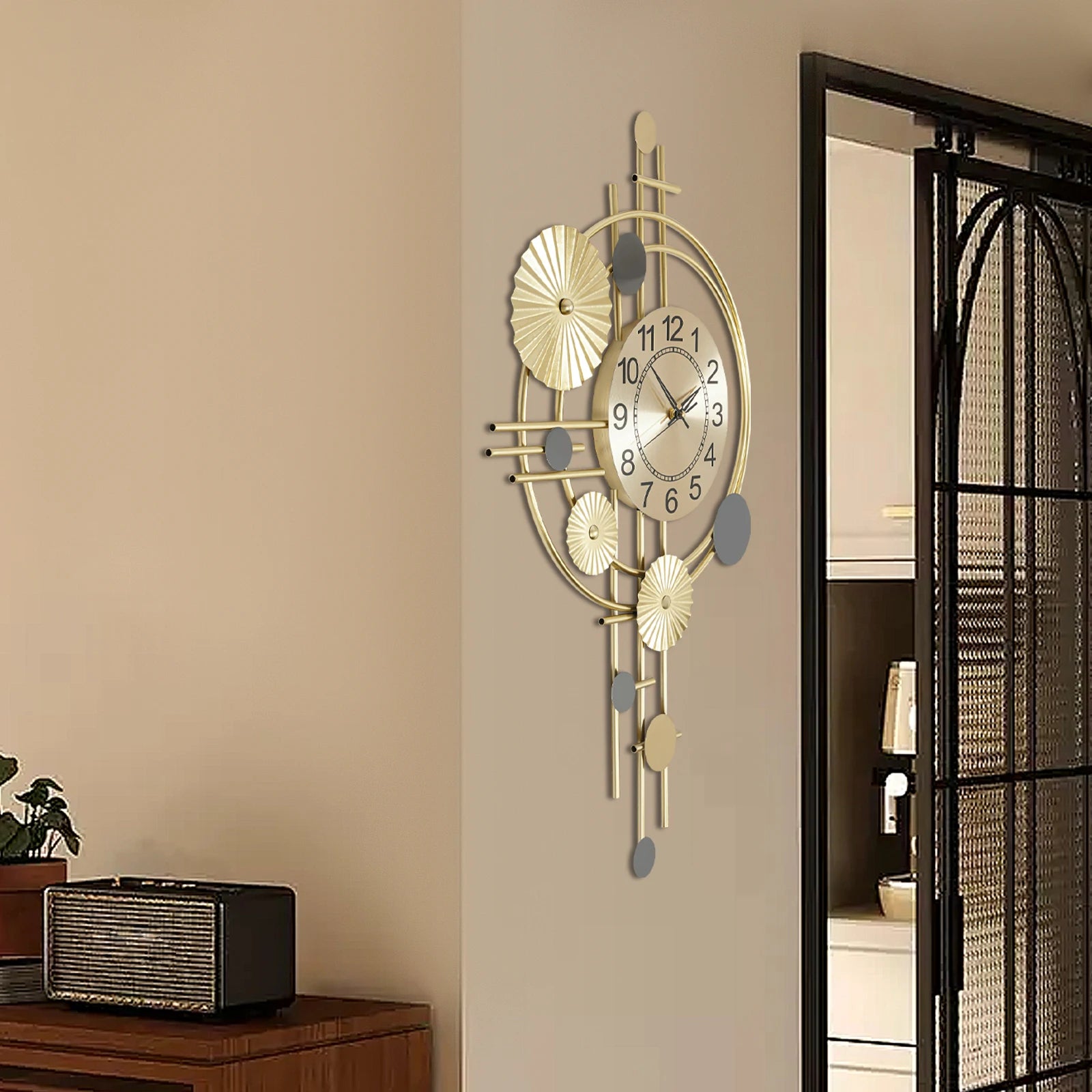 Large Gold Decorative Wall Clock — 17.7" × 30.7", Silent Sweep Movement, Modern Iron Art for Living Room & Bedroom