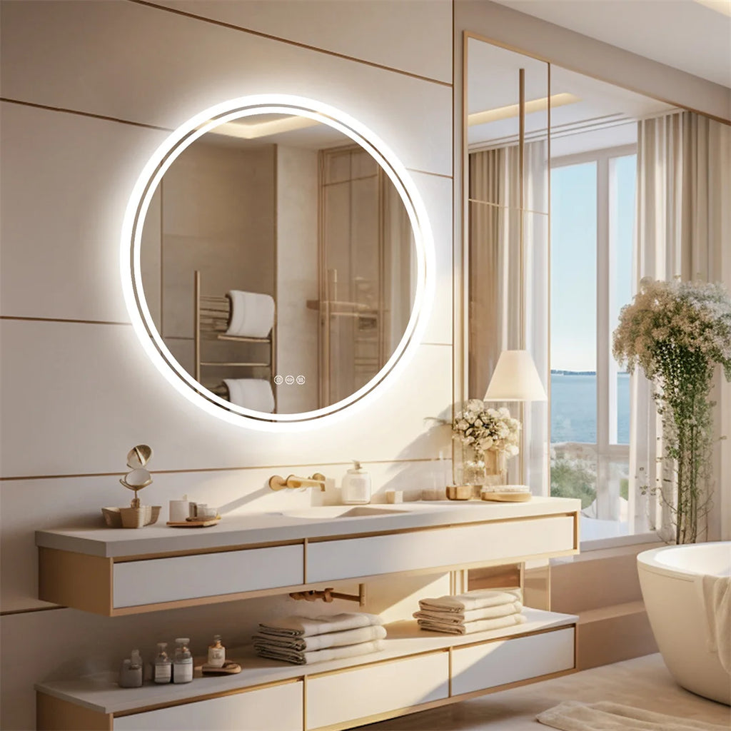 80cm Round LED Bathroom Mirror — Touch Dimmer, Anti-Fog, 3 Color Temperatures, IP44