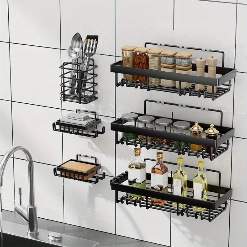 6-Pack Self-Adhesive Shower Caddy Shelves — No-Drill Black Metal Bathroom Organizer Rack