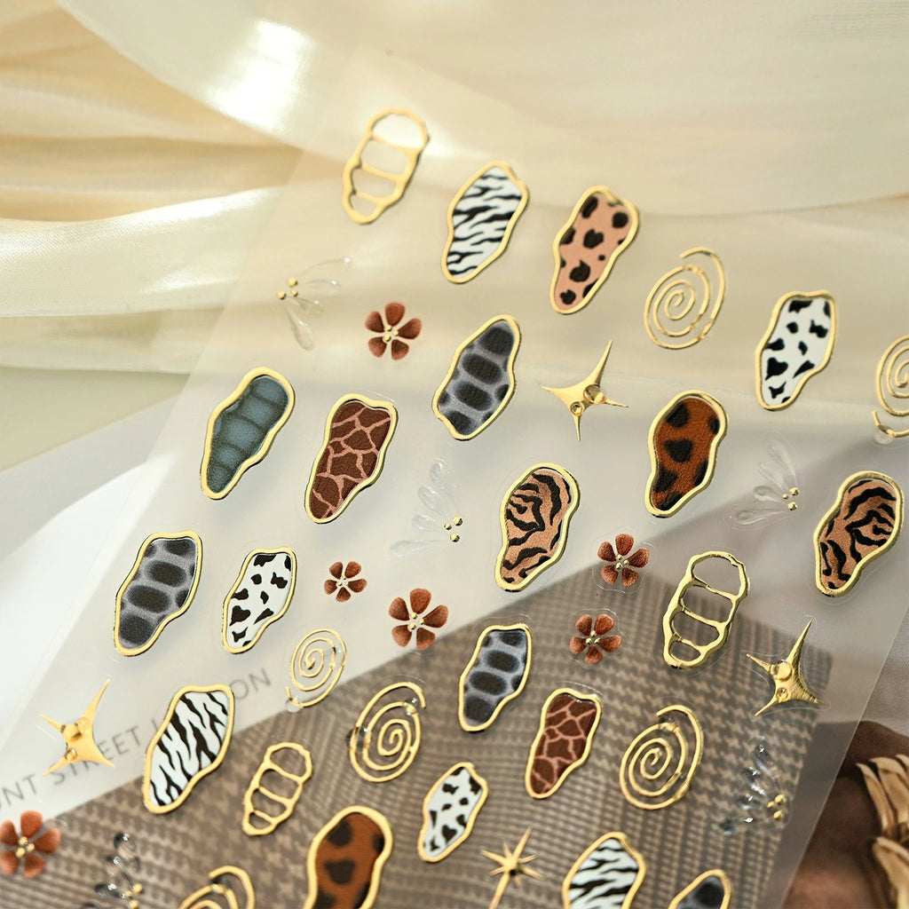 Retro Animal Print Gold Stamped Stars Flowers Geometric Nail Art Stickers Leopard Print Zebra Stripes Cow Print Manicure Decals