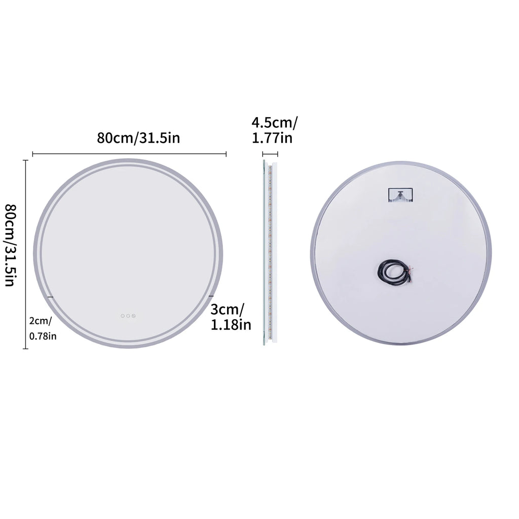 80cm Round LED Bathroom Mirror — Touch Dimmer, Anti-Fog, 3 Color Temperatures, IP44