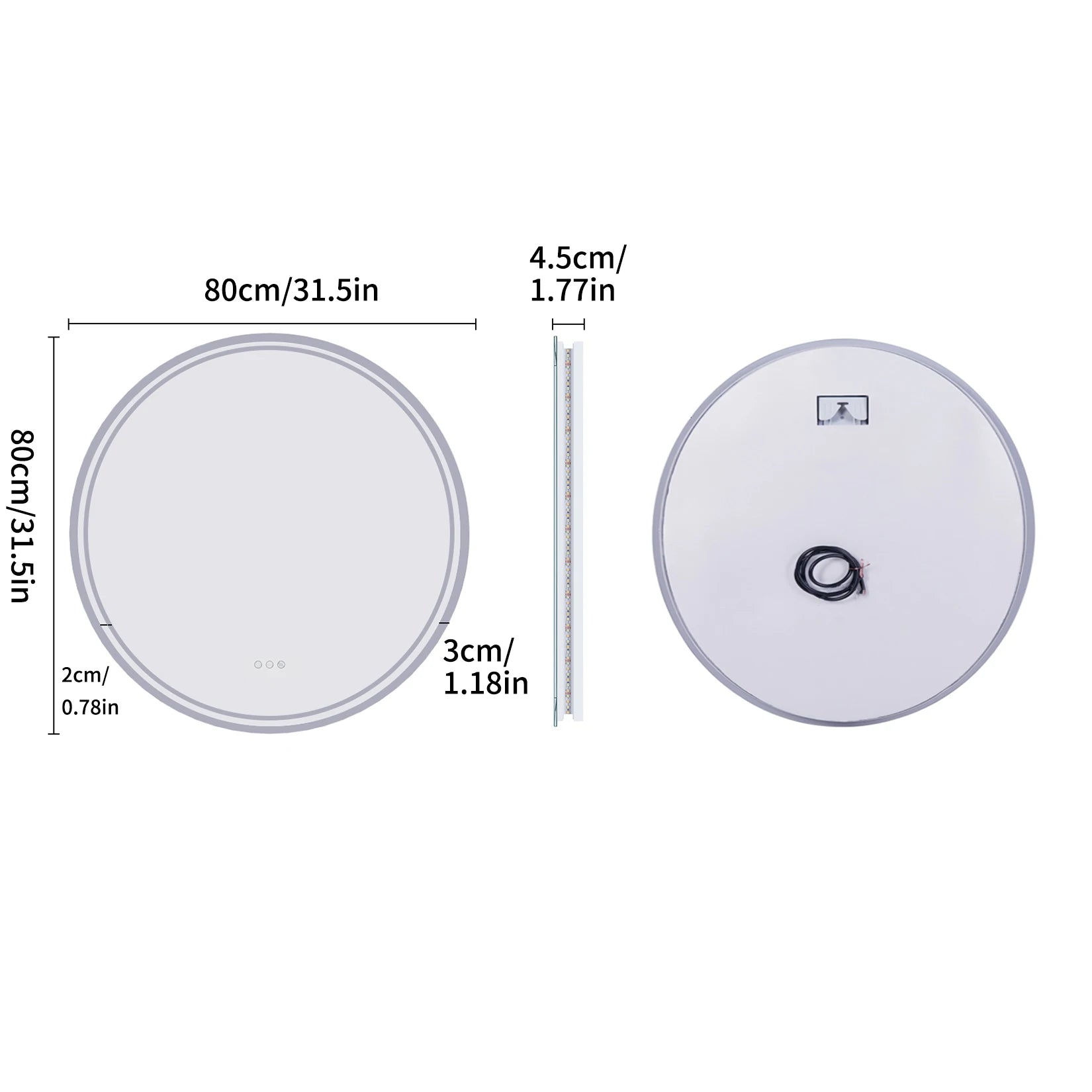 80cm Round LED Bathroom Mirror — Touch Dimmer, Anti-Fog, 3 Color Temperatures, IP44