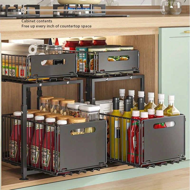AEHOME 2-Tier Slide-Out Cabinet Organizer | Heavy Duty Steel, Under Sink Storage for Kitchen & Bathroom