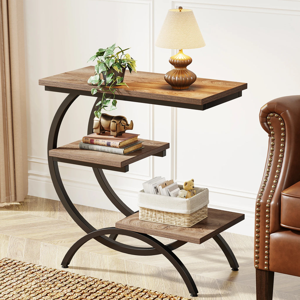 Tribesigns C-Shaped End Table with 3-Tier Storage Shelves | Industrial Sofa Side Table
