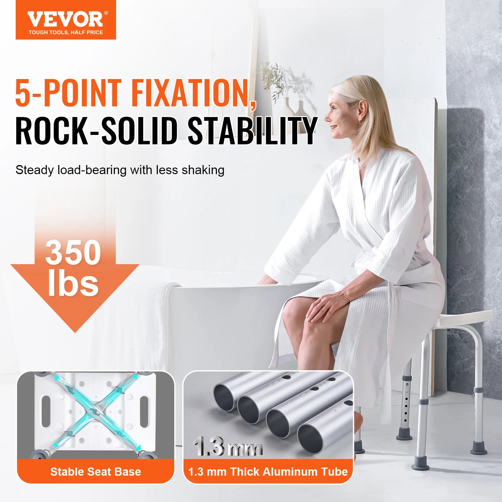 Adjustable Shower Chair with Built-In Handles — 350 lb Capacity, Non-Slip, Tool-Free Assembly