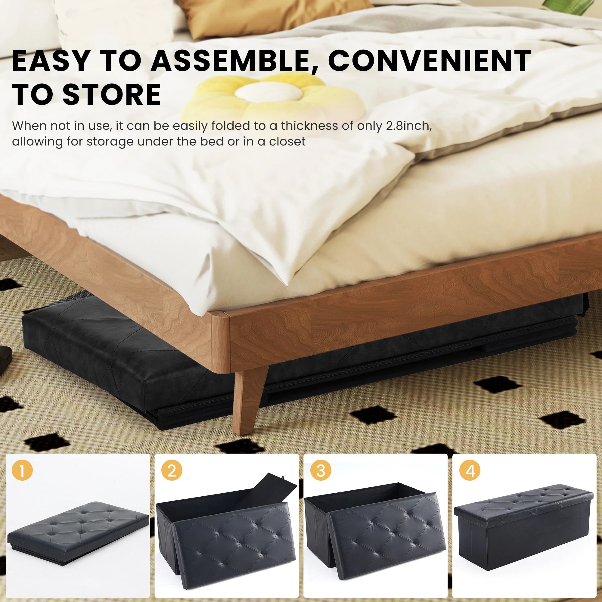 43" Folding Storage Ottoman — Leather Footstool & Bedroom Bench, 660 lb Capacity, Memory Foam Seat