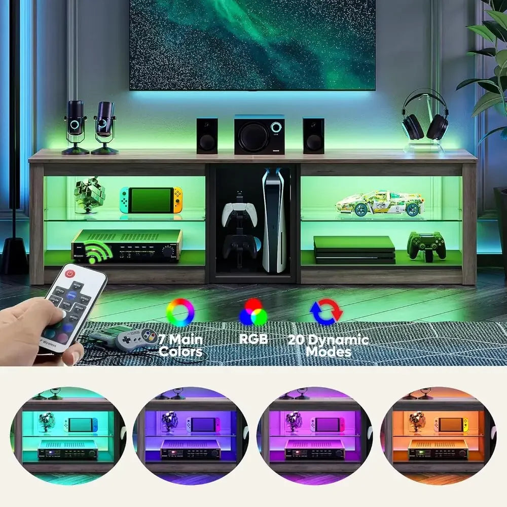 63" LED Gaming TV Stand for Up to 70" TVs — 5 Open Compartments, Adjustable Glass Shelves, Grey Wash