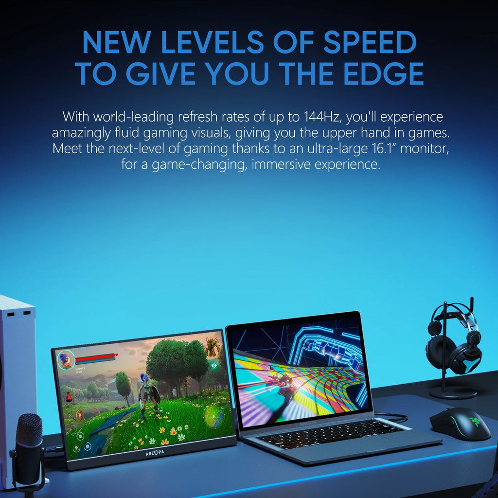 ARZOPA 16.1 Inches Portable Gaming Monitor 144Hz 100% SRGB 1080P FHD IPS Screen Second Screen for Switch, Xbox, PS5, Laptop, Mac