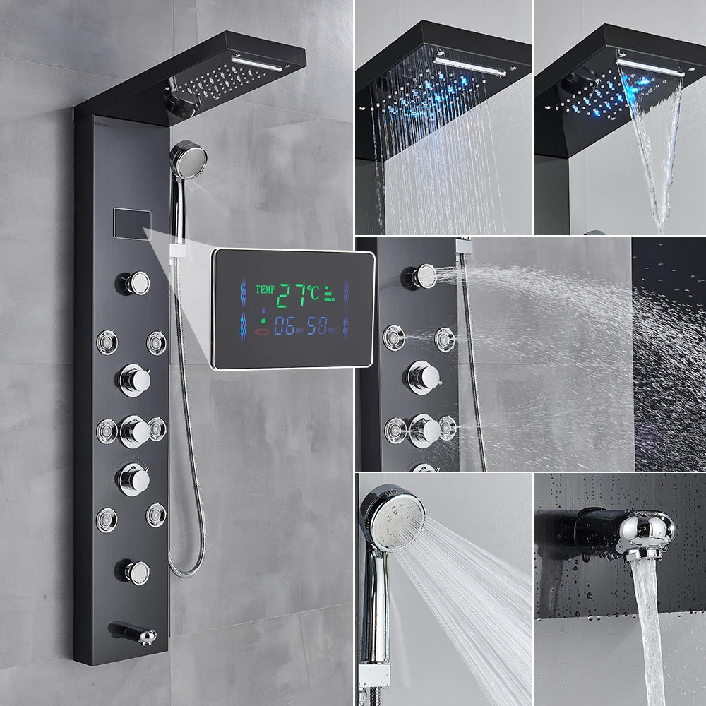 Luxury Black/Brushed Bathroom Shower Faucet LED Shower Panel Column Bathtub Mixer Tap With Hand Shower Temperature Screen