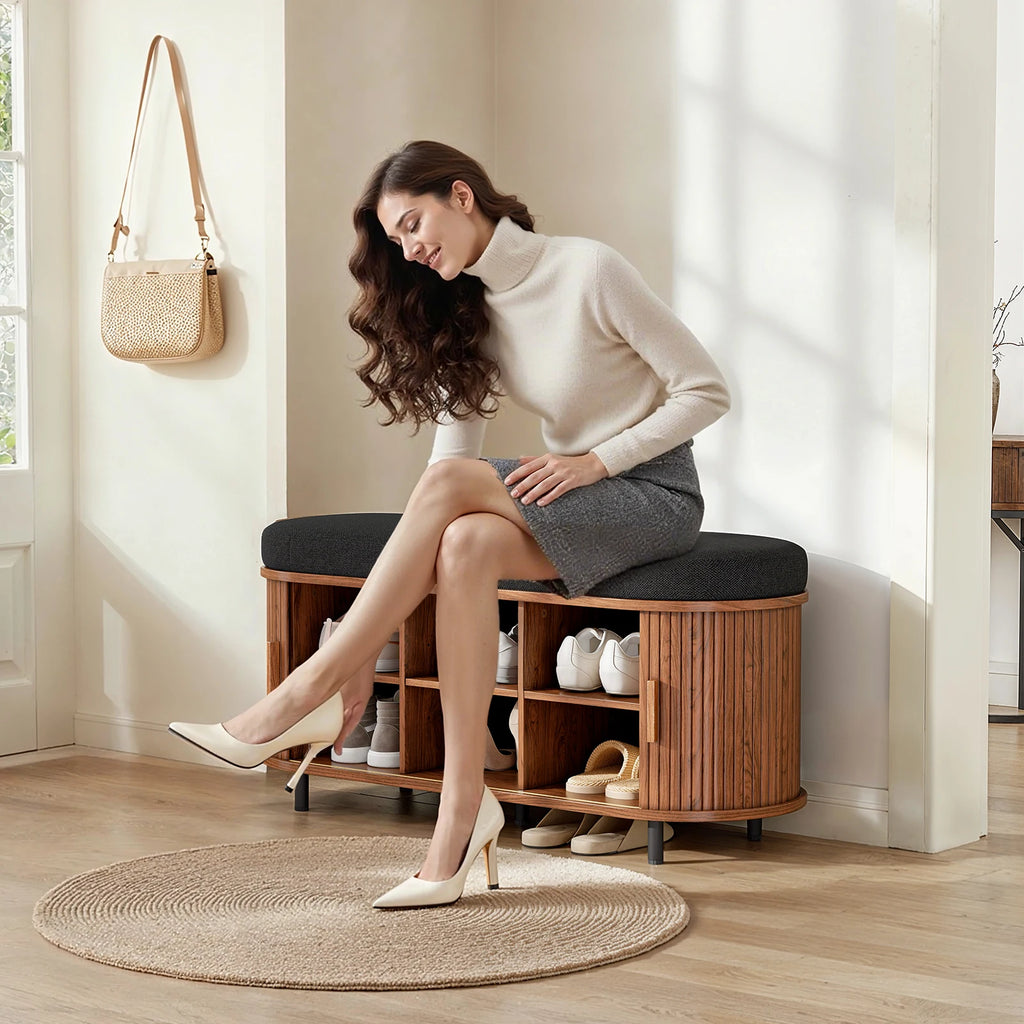 43" Shoe Storage Bench with Cushion — 3-Tier Organiser, Sliding Tambour Door, Removable Shelf
