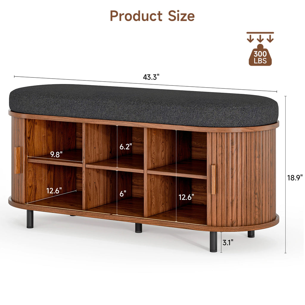 43" Shoe Storage Bench with Cushion — 3-Tier Organiser, Sliding Tambour Door, Removable Shelf
