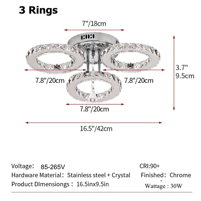 Modern LED Crystal Ring Chandelier | Dimmable | 3 or 5 Ring | Chrome Finish