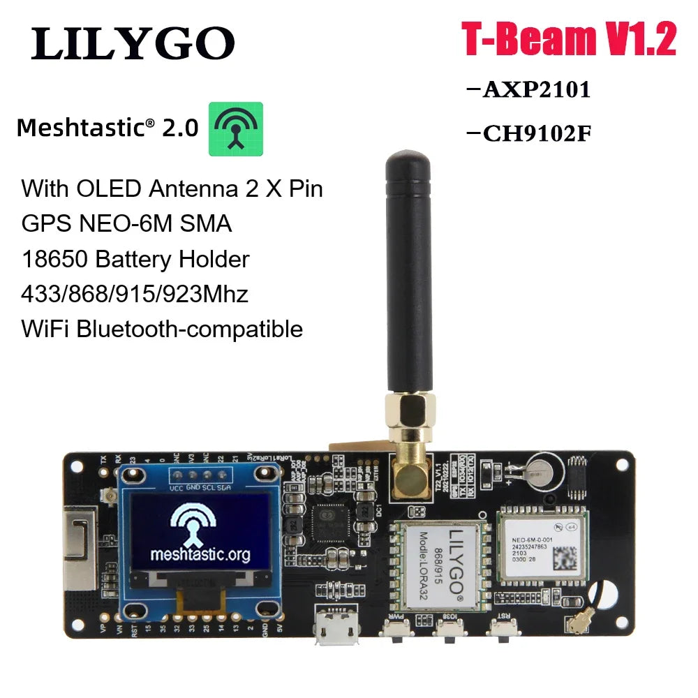 LILYGO® TTGO Meshtastic T-Beam V1.2 ESP32 LoRa Development Board 433MHz 868MHz 915MHz 923MHz WiFi BLE GPS OLED Display AXP2101