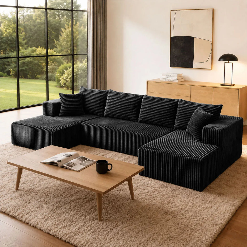 132" U-Shaped Sectional Sofa — 8-Piece Corduroy Cloud Couch with Double Chaise, Seats 6, Sofa Bed