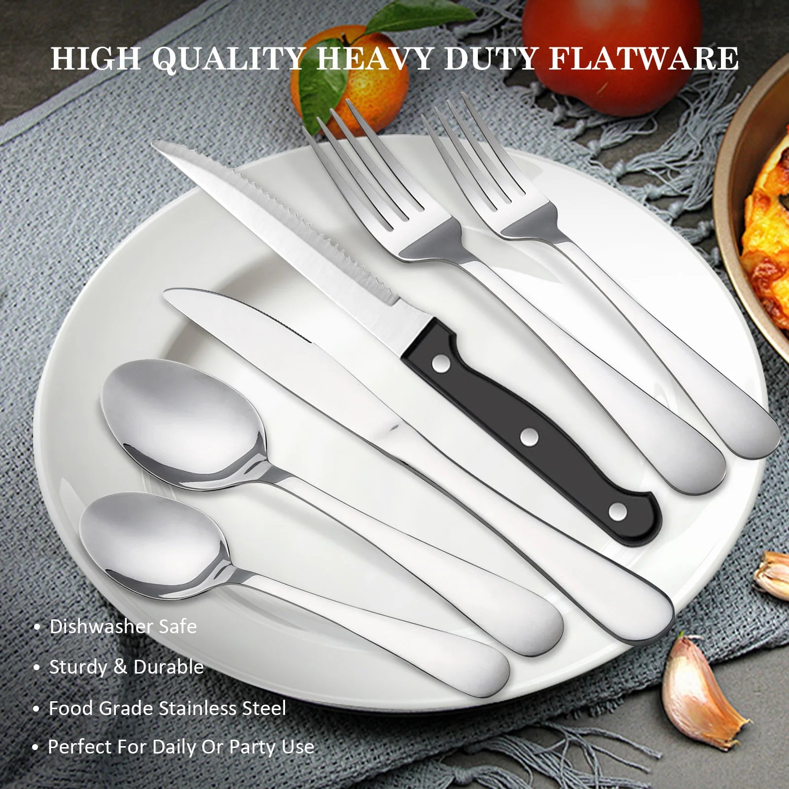 24-Piece Mirror Polished Stainless Steel Flatware Set — Service for 4 with Steak Knives, Dishwasher Safe