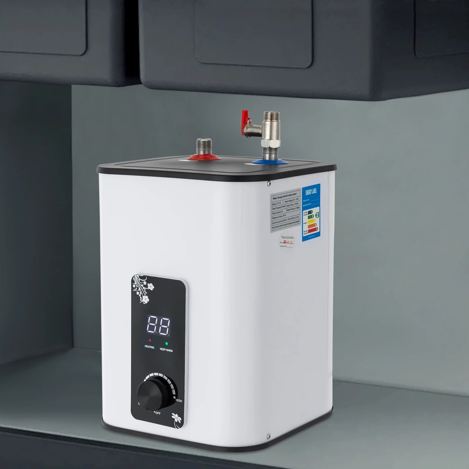 1500W 8L Electric Water Heater Instant Under Sink Stainless Steel Tank Fast Heating IPX4 Safe for Kitchen Bathroom RV SY-8