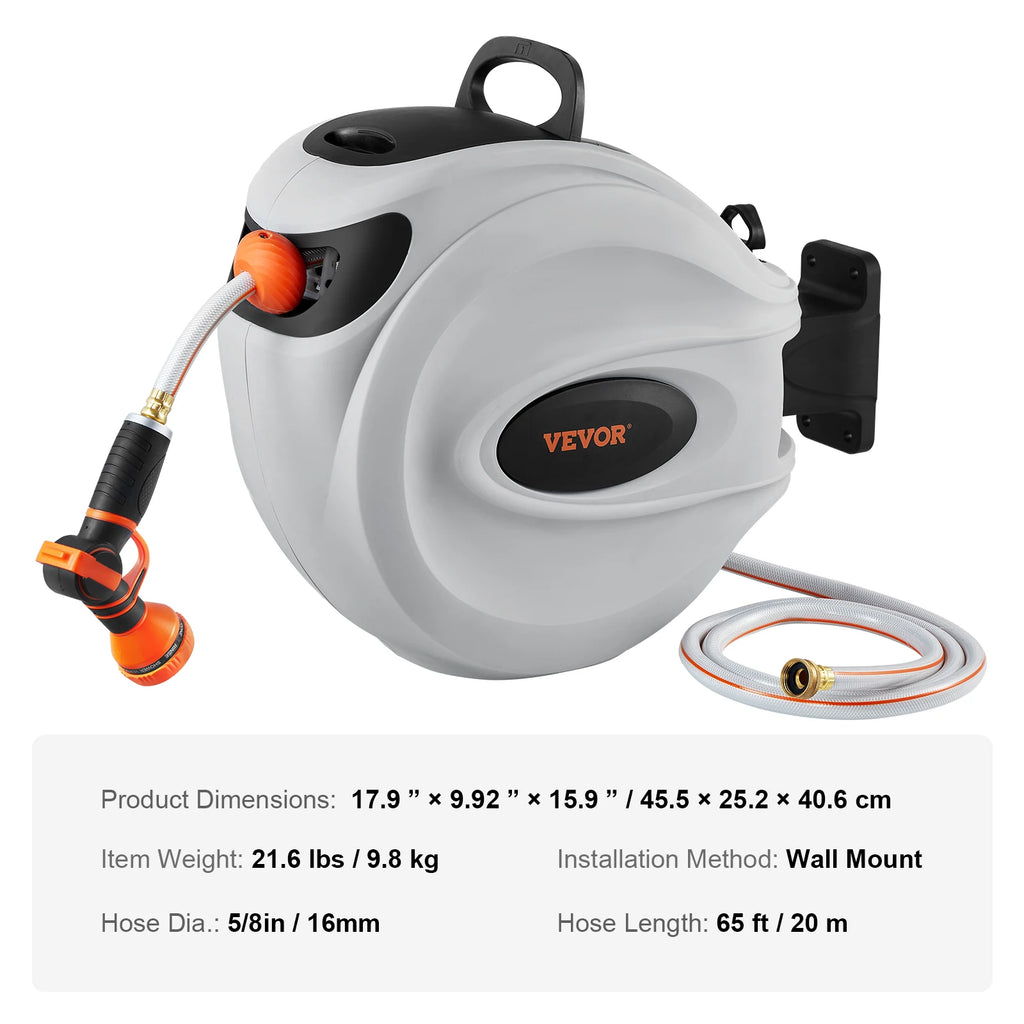 SucceBuy Retractable Garden Hose Reel – 65ft, Wall-Mounted, 180° Swivel, Auto Rewind & 9-Pattern Nozzle