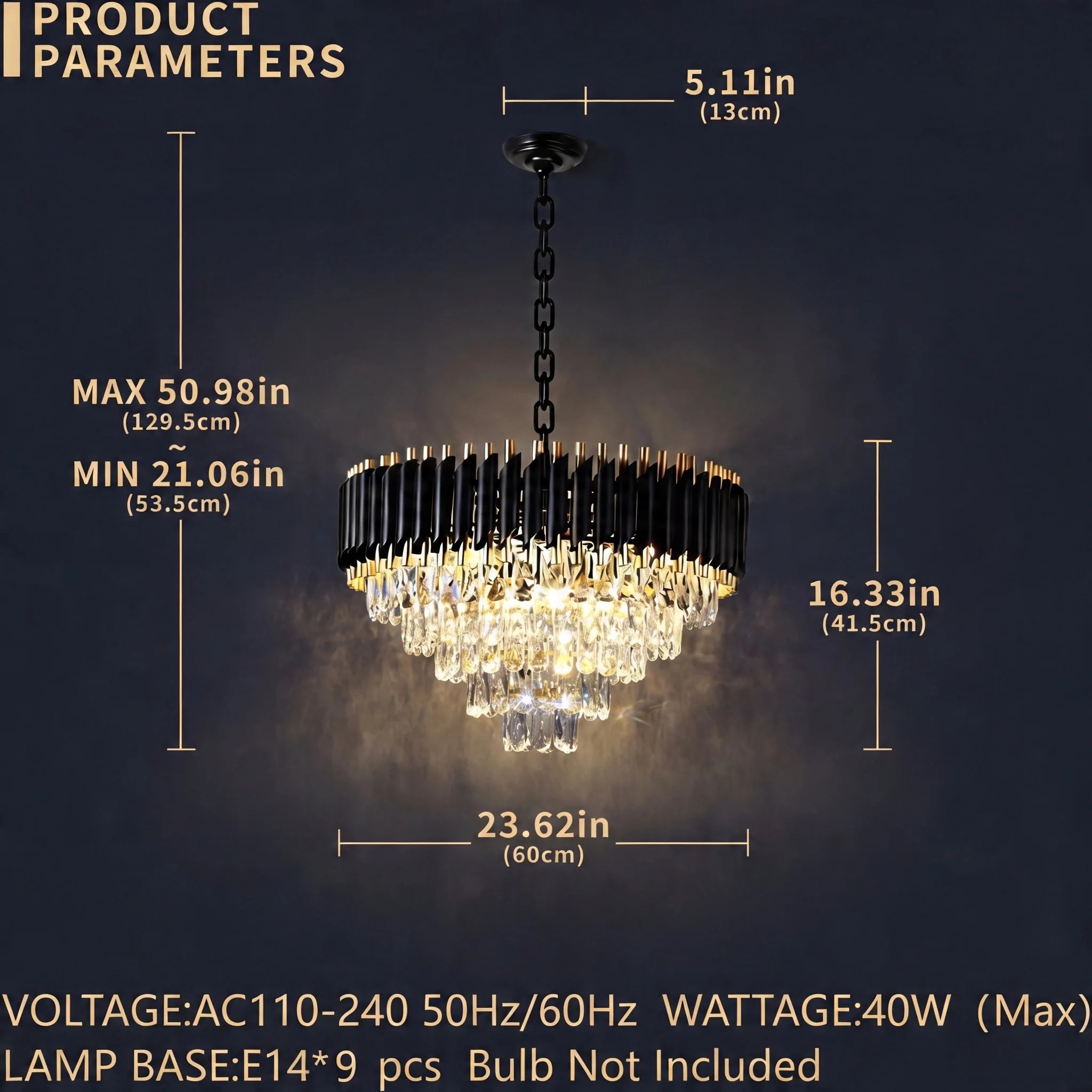 Modern Black & Gold K9 Crystal Chandelier – Dimmable 5-Tier Round Pendant Light for Living Room, Dining Room & Kitchen Island