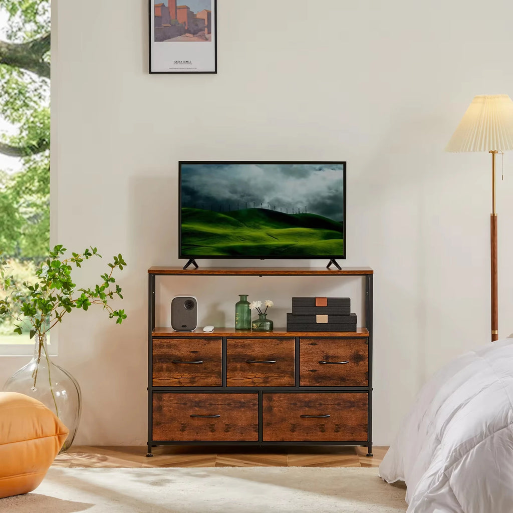 JHK TV Stand & Dresser with 5 Fabric Drawers — Fits Up to 45" TV, 39.7"W, Lightweight & Multi-Room