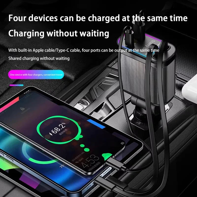 4 in 1 car charger, purple 120W car charger with star spotlight, with charging cable & 2 charging ports, GM charging