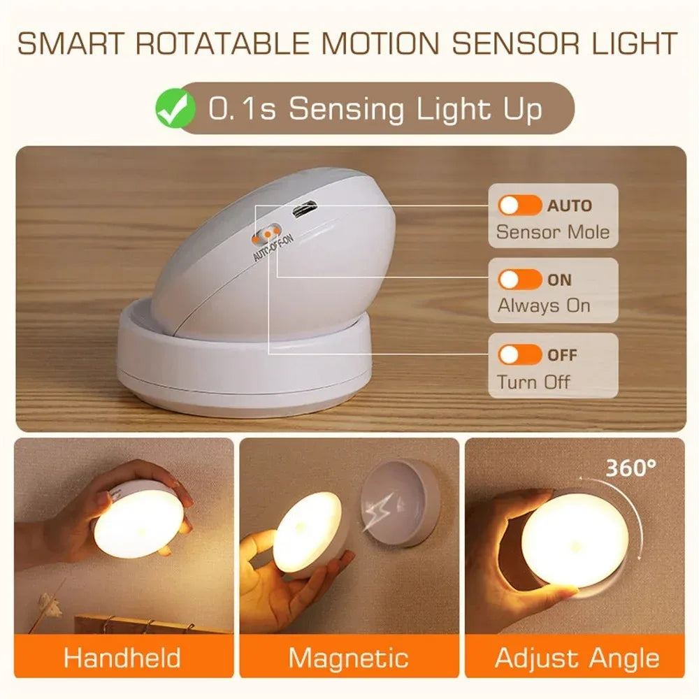 USB Rechargeable Motion Sensor Night Light | 360° Rotating | Warm & Cool White