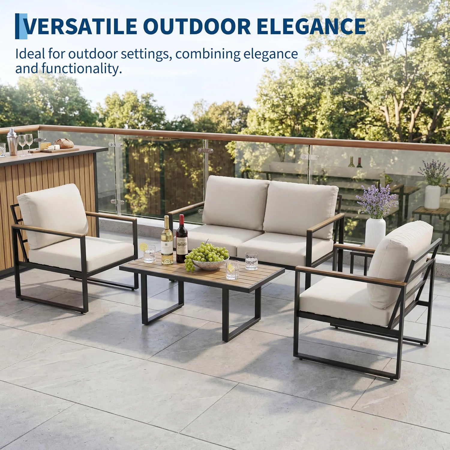 4-Piece Outdoor Patio Sofa Set — Modern Sectional with Coffee Table & Washable Cushions