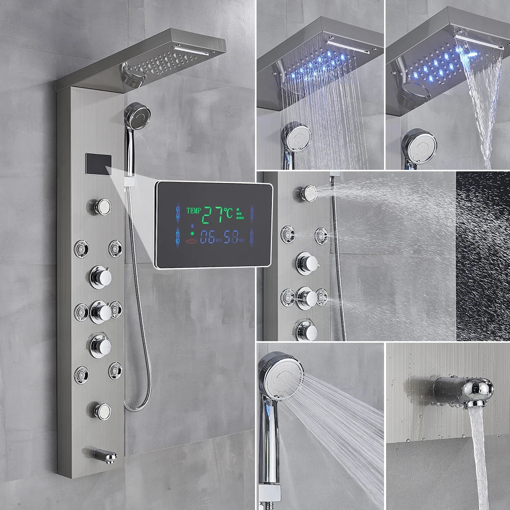 Luxury Black/Brushed Bathroom Shower Faucet LED Shower Panel Column Bathtub Mixer Tap With Hand Shower Temperature Screen