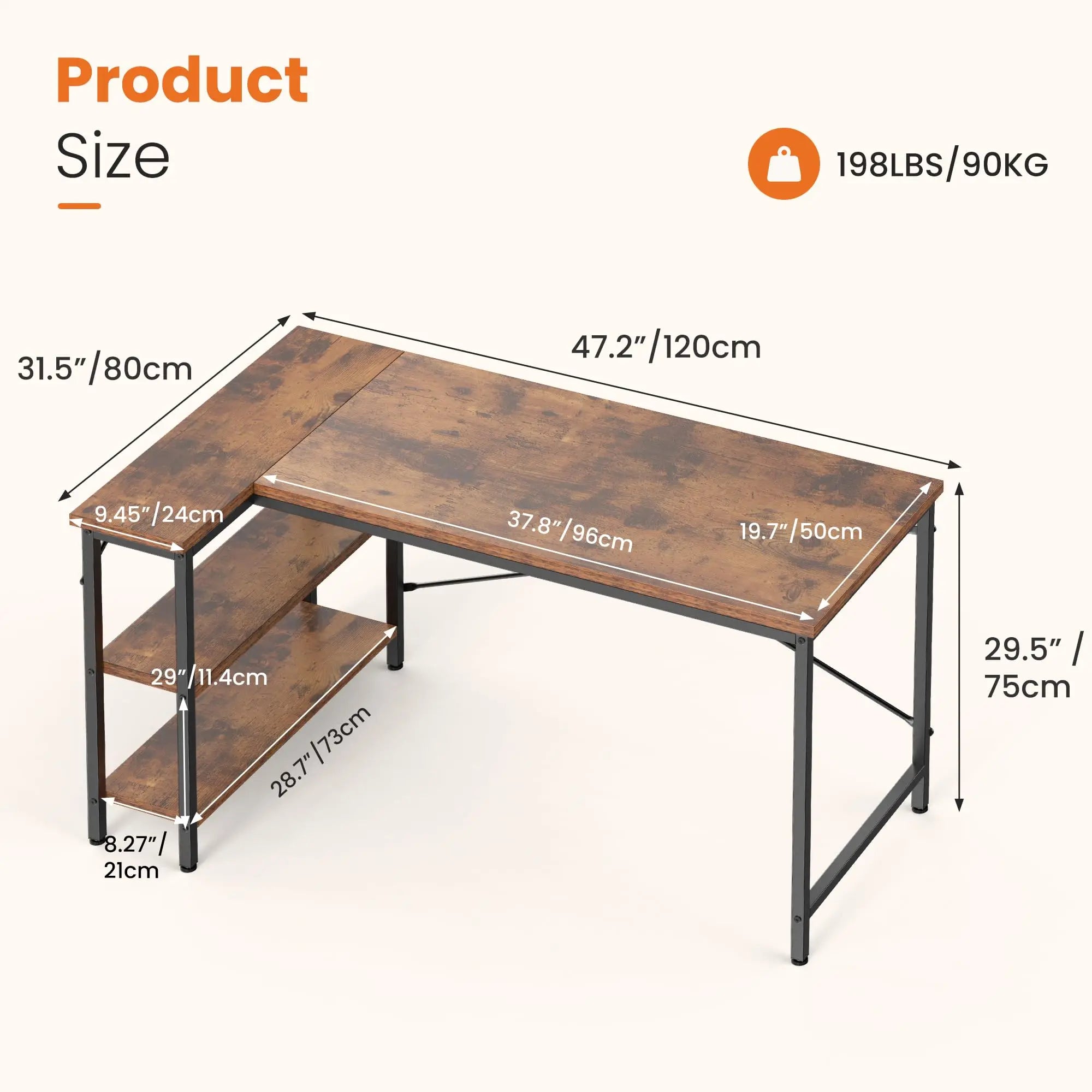 JHK 47" L-Shaped Corner Desk – Reversible Storage Shelves, X-Brace Steel Frame for Home Office & Gaming