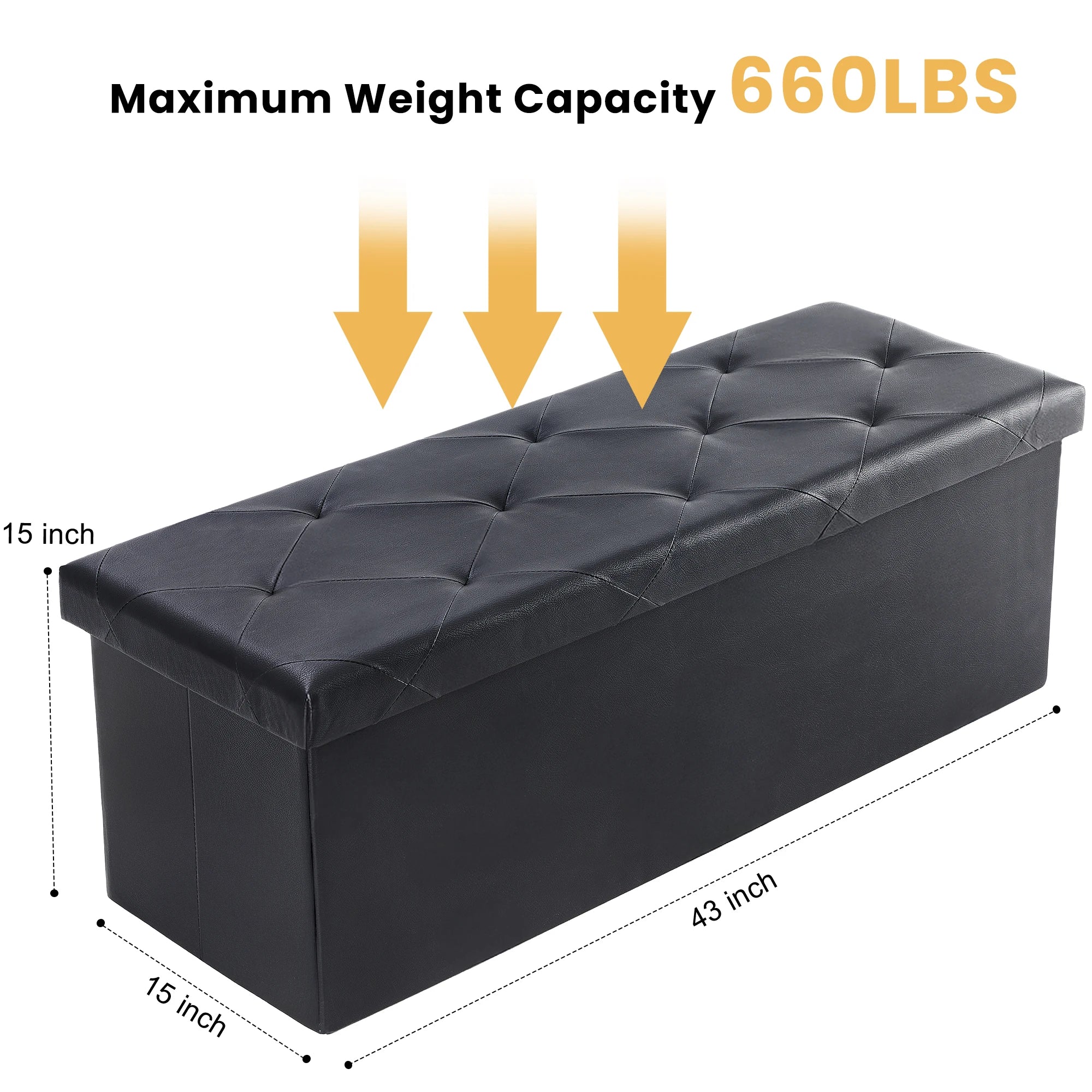 43" Folding Storage Ottoman — Leather Footstool & Bedroom Bench, 660 lb Capacity, Memory Foam Seat