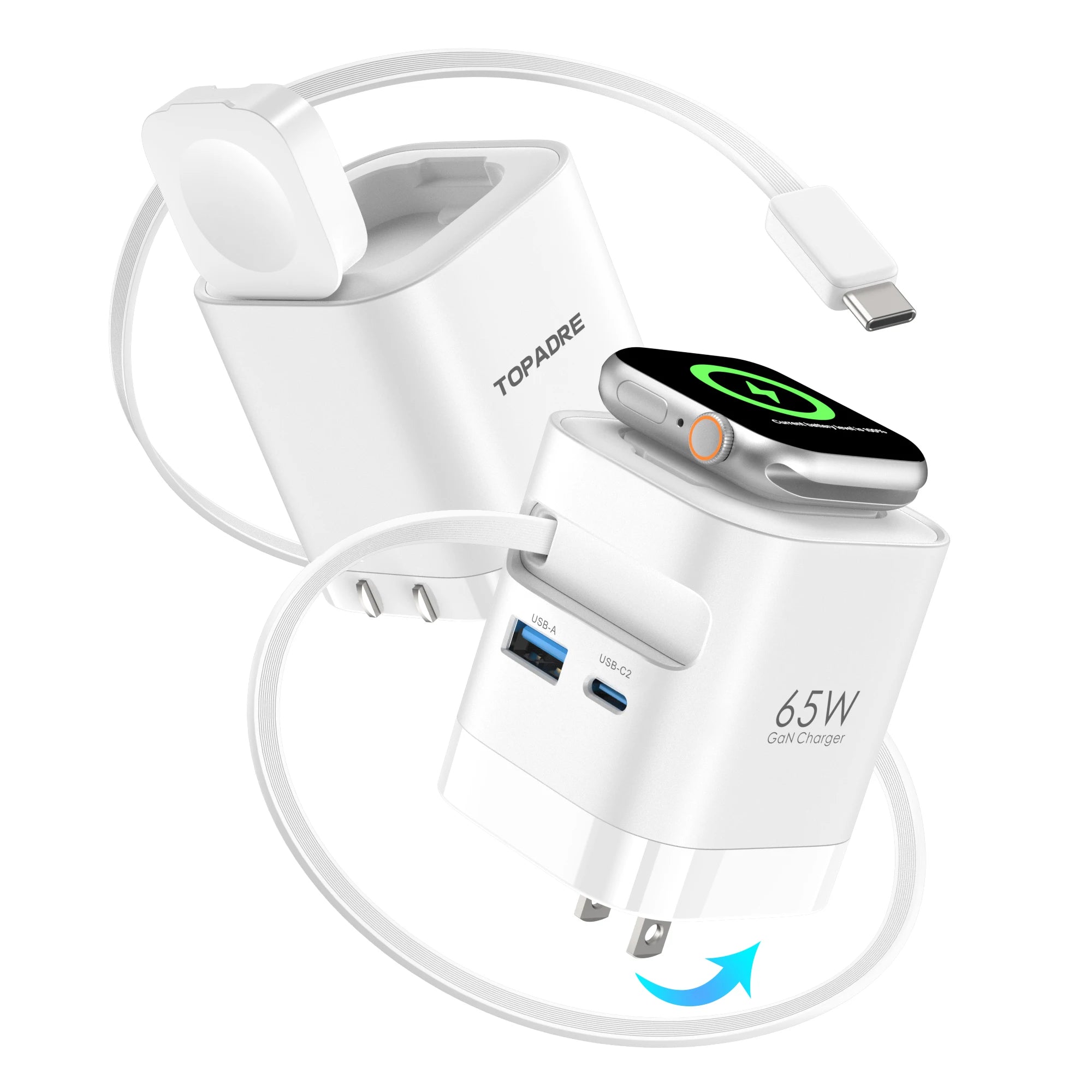 TOPADRE Retractable 65W For Apple Watch wireless Charger, Rapid Charging for Macbook,for iPhone, iPad smartphone, Foldable