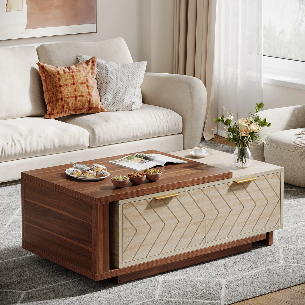 Extendable Coffee Table 42"–65" | Dual-Tone Walnut & Oak, 2 Drawers, Brass Hardware — Minimalist Modern