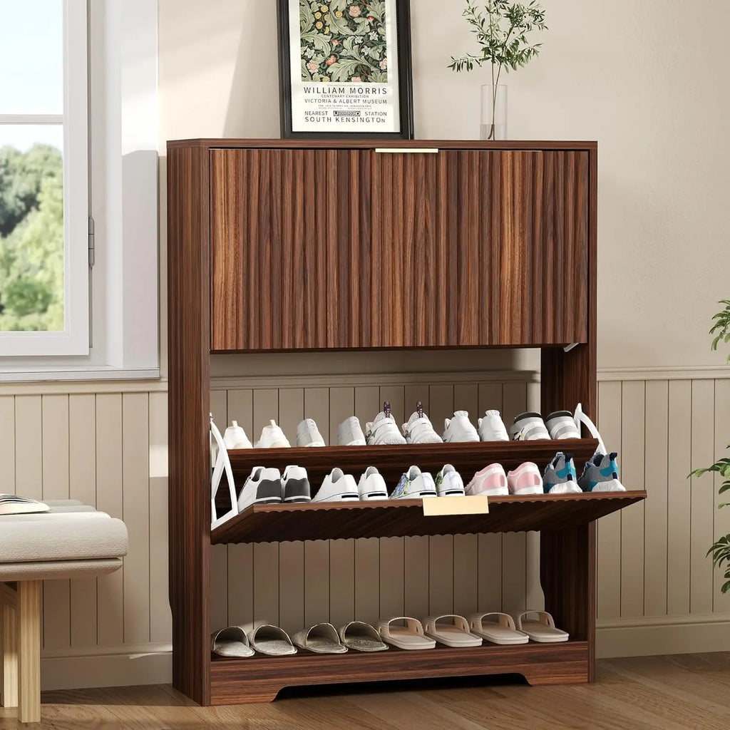 Slim Fluted Shoe Cabinet with 2 Flip Drawers — Hidden Storage, Adjustable Shelves, Anti-Tip, 30"W