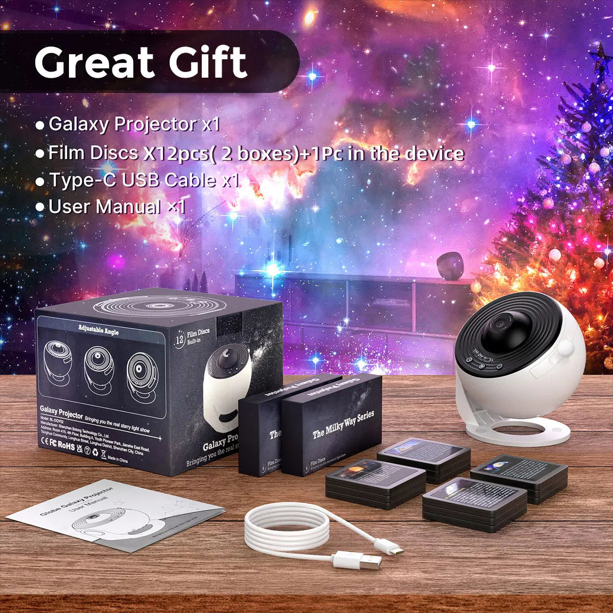 13-in-1 Galaxy Star Projector — HD, 360° Rotation, 13 Film Discs, Timer, Kids & Adults