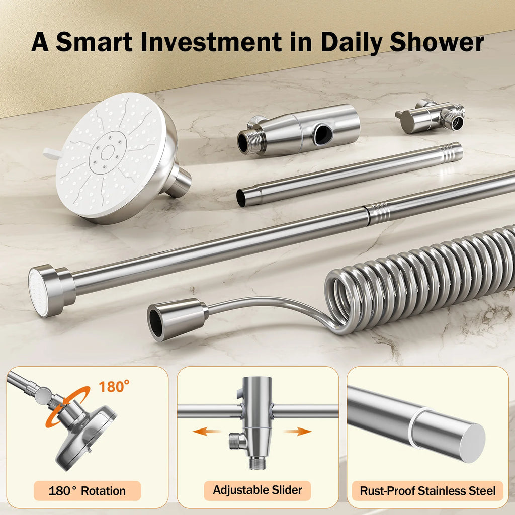 Dual Shower Head System for Two — 60" Adjustable Slider, High Pressure, No-Drill Install