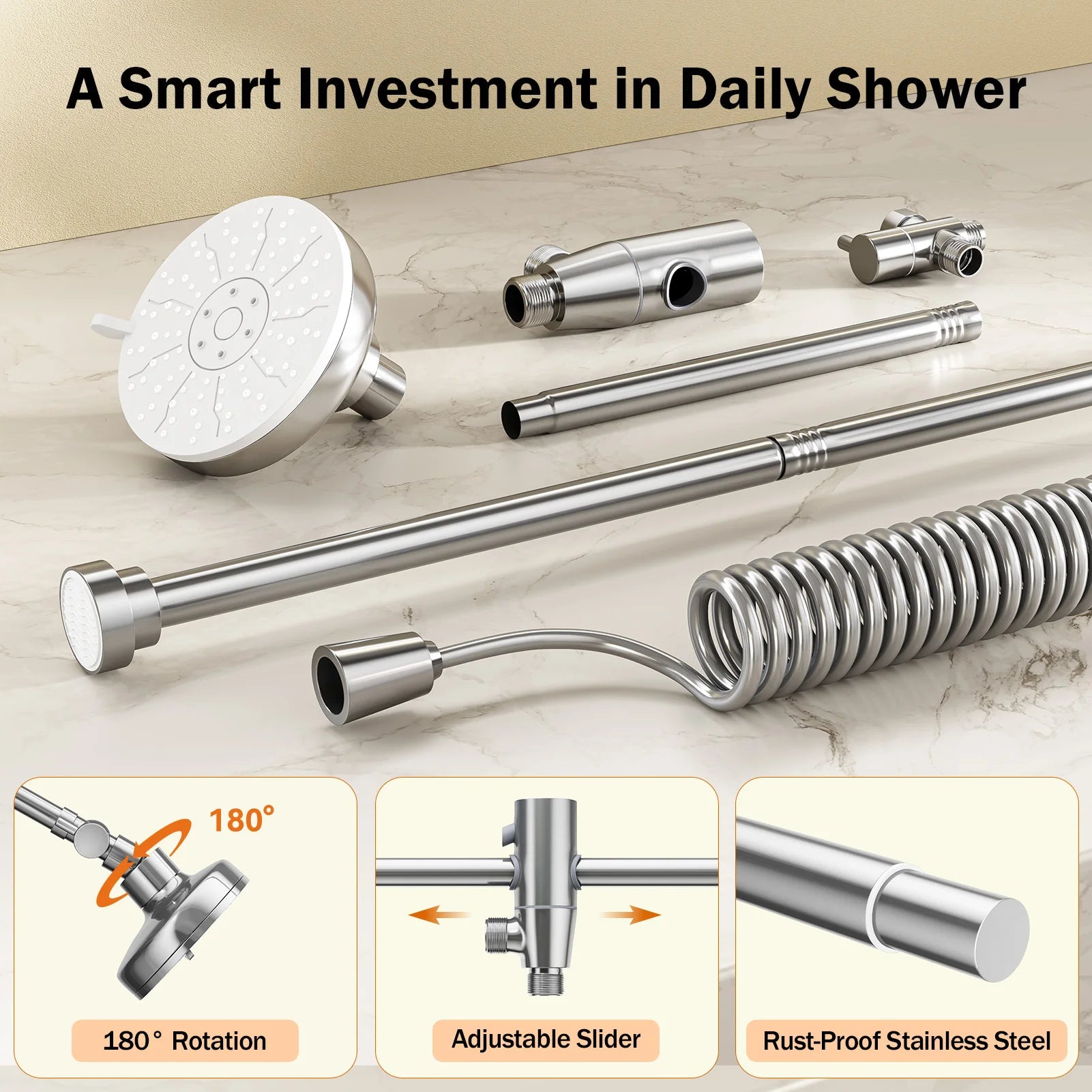 Dual Shower Head System for Two — 60" Adjustable Slider, High Pressure, No-Drill Install