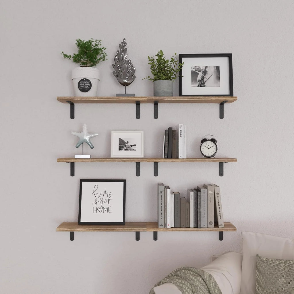 Wood Floating Shelves Set of 6 | Farmhouse Wall Shelves for Bedroom, Bathroom & Living Room