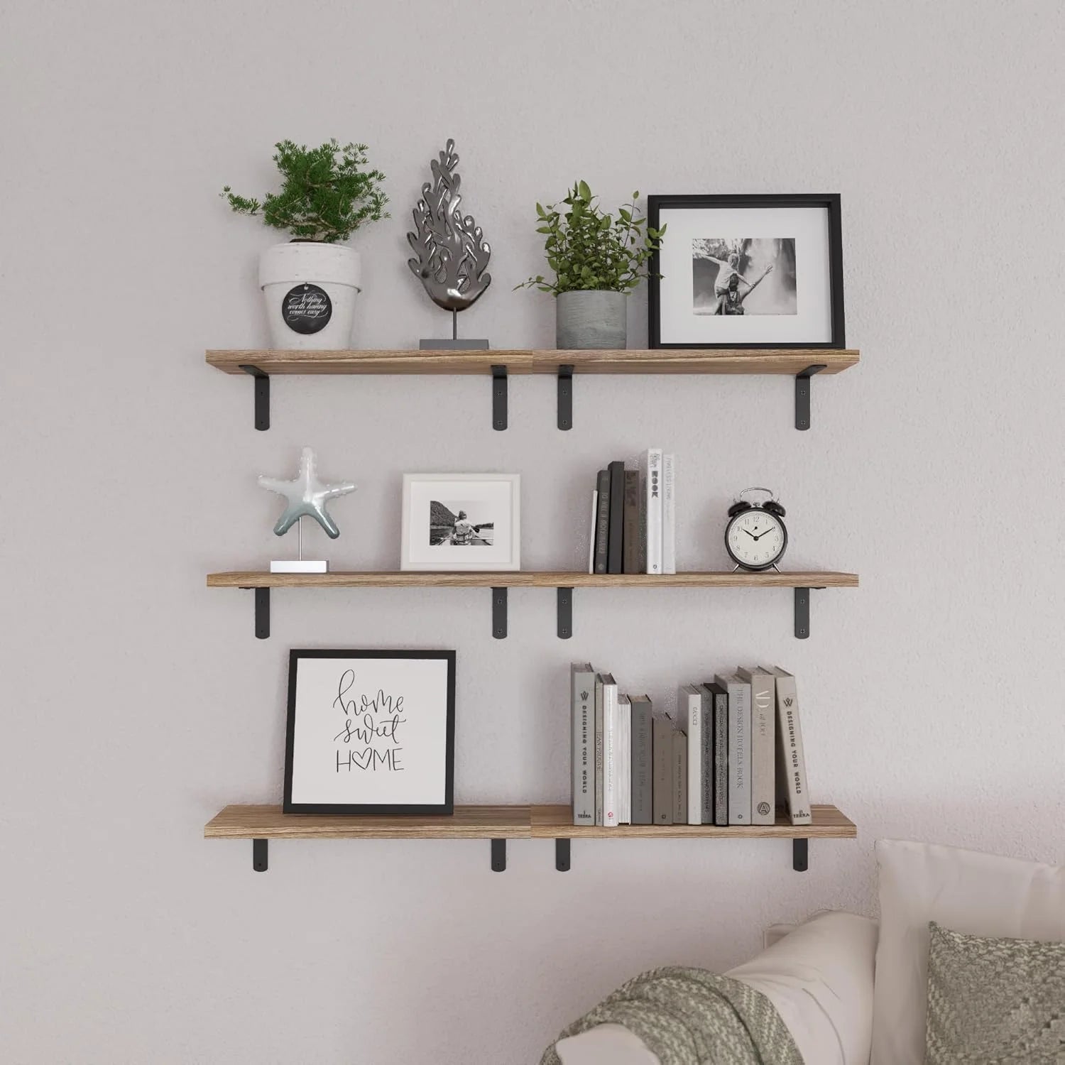 Wood Floating Shelves Set of 6 | Farmhouse Wall Shelves for Bedroom, Bathroom & Living Room