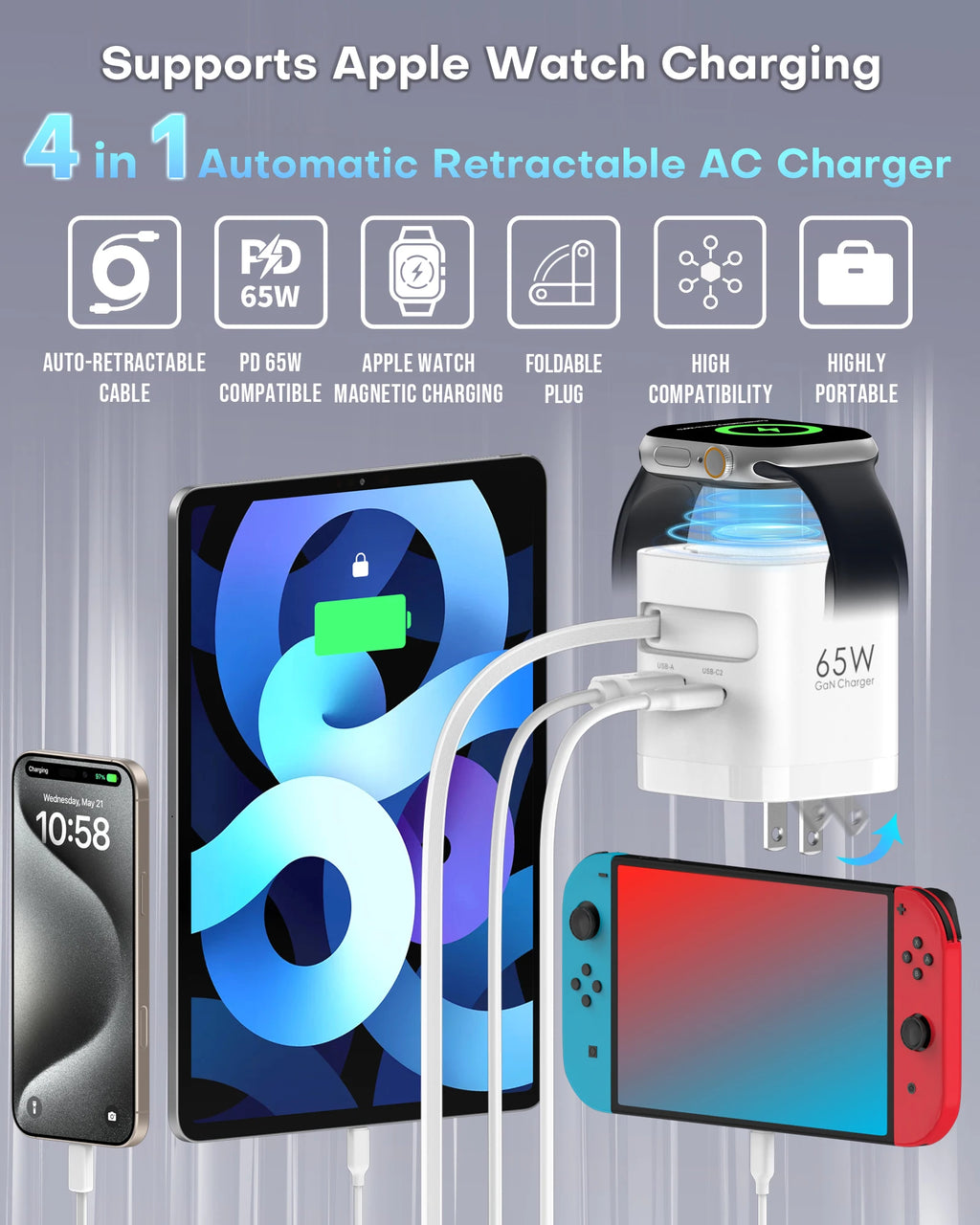 TOPADRE Retractable 65W For Apple Watch wireless Charger, Rapid Charging for Macbook,for iPhone, iPad smartphone, Foldable
