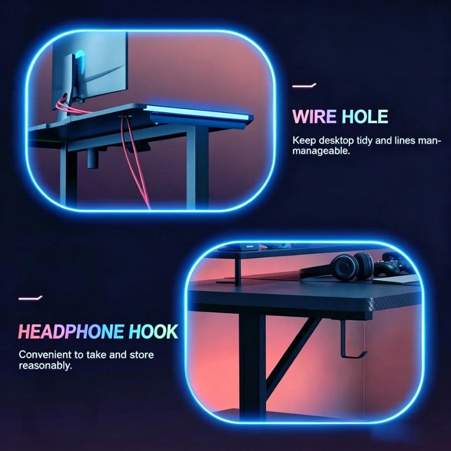 55" Gaming Desk with Smart APP and Remote RGB Lights Carbon Fiber Surface Computer Table with Full Mouse Pad and Headphone Hook