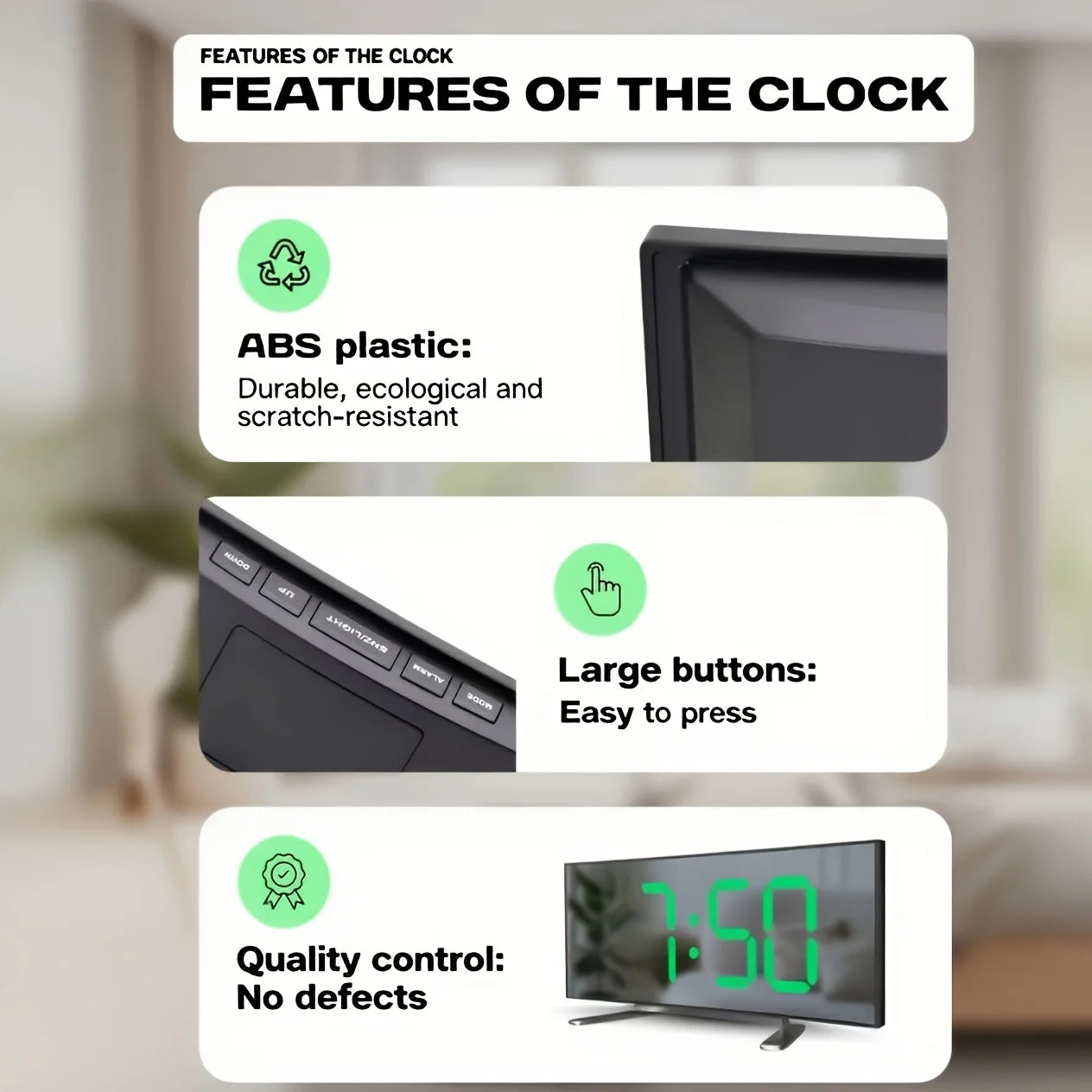 Digital Alarm Clock, Silent Design, Large LED Display Screen, Mirror Electronic Clock, Digital Alarm Clock, LED Mirror Clock