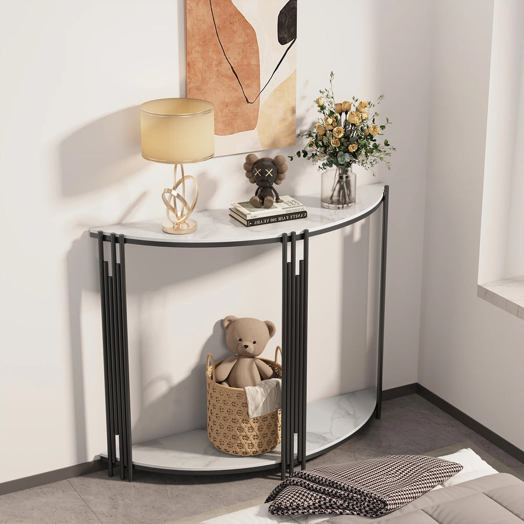 Half-Moon Console Table — 2-Tier Sintered Stone Top, Black Iron Base, Entryway & Hallway