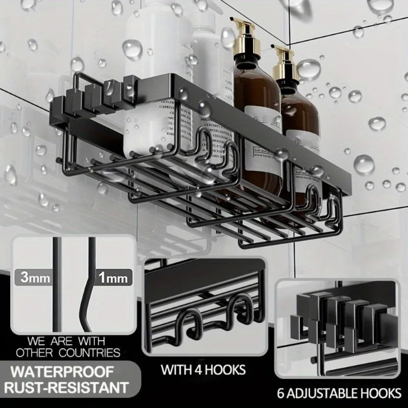 6-Pack Self-Adhesive Shower Caddy Shelves — No-Drill Black Metal Bathroom Organizer Rack